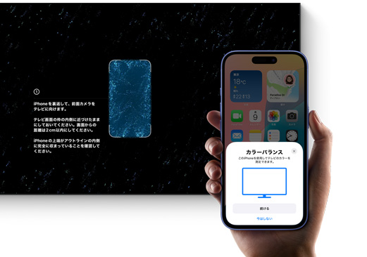 iPhoneを使ってテレビのカラーバランスを調(diào)整している様子