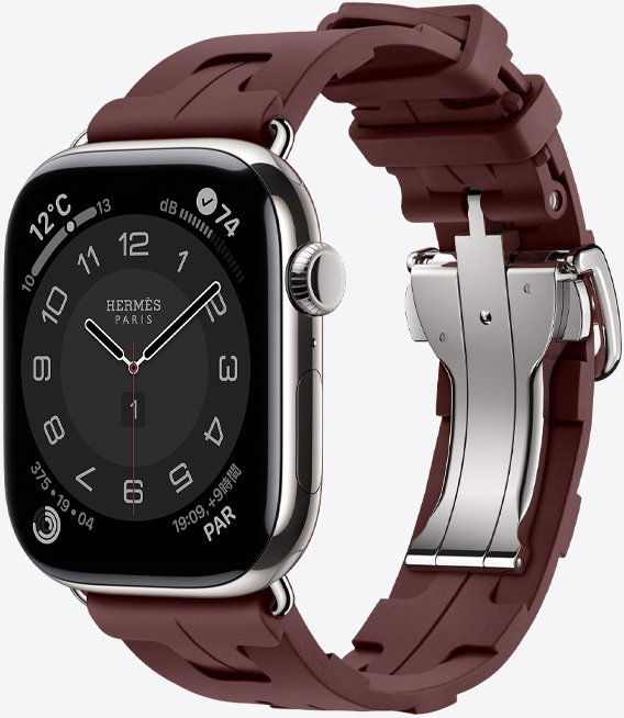 シルバーチタニウムケースのApple Watch Hermès Series 11。ボルドーのキリムストラップに、簡(jiǎn)単に取り外せるシルバーのメタルバックルが付いている