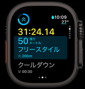 自由形のスイミングの殘りの距離を表示している「次はこちら」の畫面