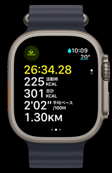 オープンウォータースイミングの時(shí)間、カロリー、ペースを表示しているApple Watch Ultra 2