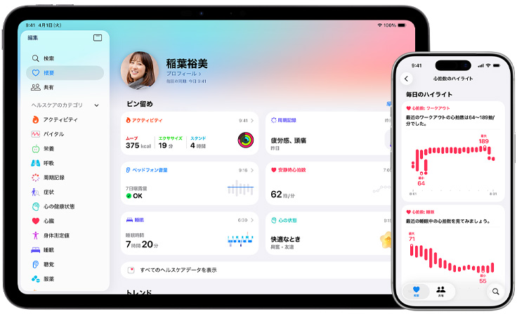 アクティビティ、周期記録、ヘッドフォンの音量、安靜時(shí)心拍數(shù)、睡眠、心の狀態(tài)など、健康に関する情報(bào)の概要を表示しているヘルスケアアプリ
