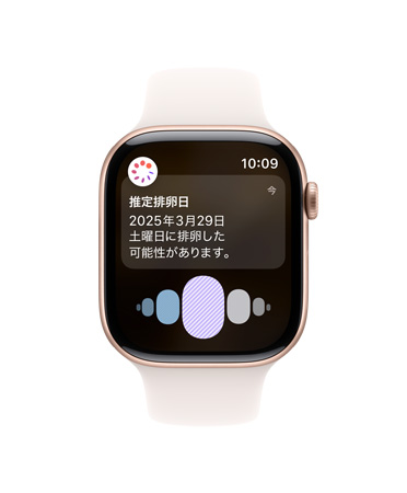 Apple Watch Series 10、ホワイトスポーツバンド、前面、UIに排卵と周期の履歴が表示されている