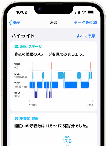 iPhoneに、ヘルスケアアプリの睡眠ステージが表示されている。