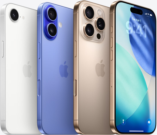 カメラ側を向けたホワイトのiPhone 16e、ウルトラマリンのiPhone 16、デザートチタニウムのiPhone 16 Proと、ロック畫面を表示したデザートチタニウムのiPhone 16 Proが重ねて配置されている