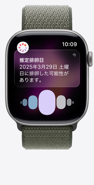スペースグレイアルミニウムケースのApple Watch Series 11、ヘルスケアアプリの周期記録から推定される排卵日の通知が表示されている。Digital Crown、フォレストカラーのスポーツループ