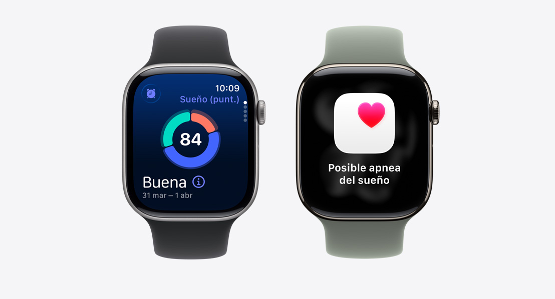 Dos Apple Watch Series 11, Puntuación de Sue?o en la pantalla, notificación de posible apnea del sue?o