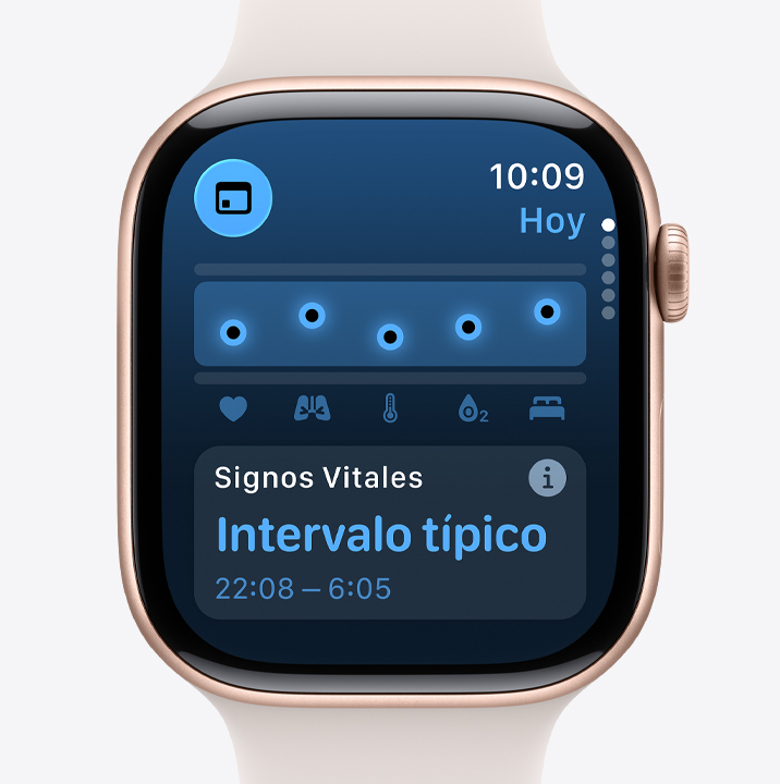 Apple Watch Series 11, aluminum case, rose gold color, Vitals app, health score chart, overnight vitals notification, Sport Band, light blush color