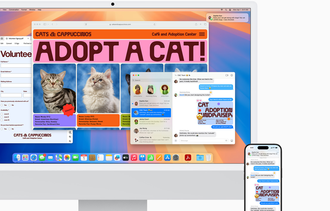 Sidabrinis ?iMac“ ir ?iPhone“ ?alia; demonstruojami vienodi prane?imai programoje ??inut?s“ abiejuose ekranuose ir galimyb? atsiliepti ? ?einant? skambut?.