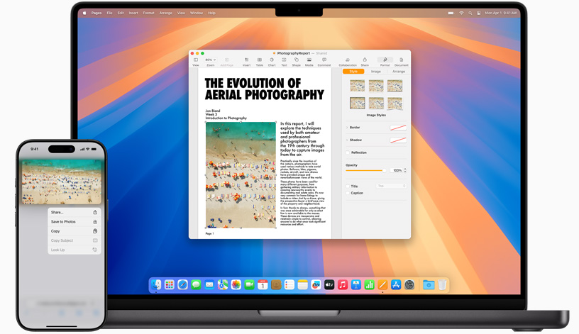 iPhone blakus atvērtam Mac portatīvajam datoram – tiek parādīta Universal Clipboard izmanto?ana, abos ekrānos attēlojot vienu un to pa?u bildi