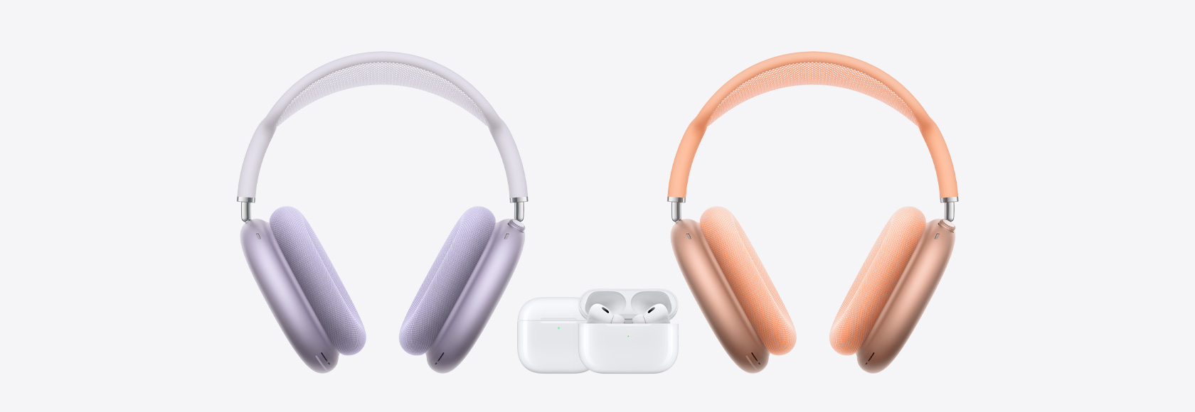 AirPods?Max pa kreisi un pa labi, bet vidū AirPods 4 un AirPods?Pro 2.