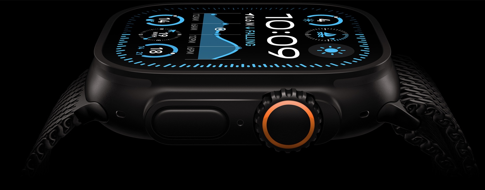 Apple Watch Ultra 2 screen, with a Black Titanium case, displaying time, temperature, and live activities.