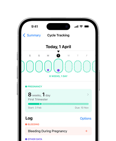 iPhone 16, front, UI reads Health, Cycle Tracking