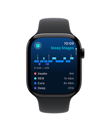 Apple Watch Series 10 front, black Sport Band, UI reads Sleep, Sleep Stages, Analysis, and Time Asleep