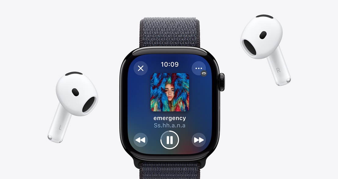 AirPods 4 around an Apple?Watch?Series?10 with an Apple Music Playlist playing.