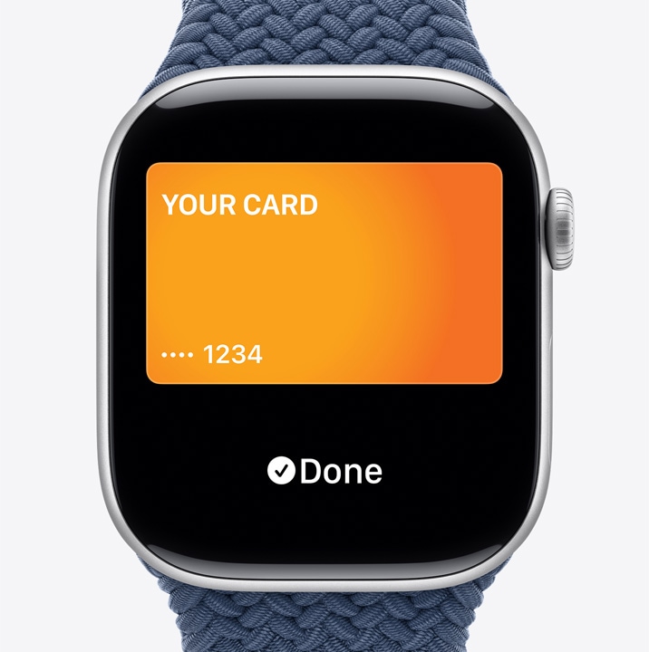 Three Apple?Watch?Series?10. The first shows Apple Card being used with Apple Pay. The second shows a transit card being used with the Wallet App. The third shows a home key being used through the Wallet app.