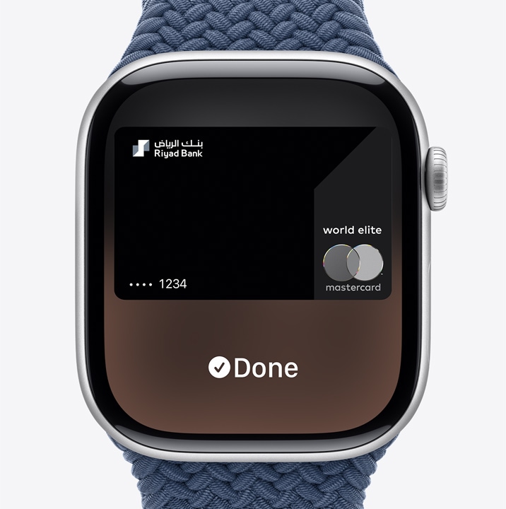 Three Apple?Watch?Series?10. The first shows Apple Card being used with Apple Pay. The second shows a transit card being used with the Wallet App. The third shows a home key being used through the Wallet app.