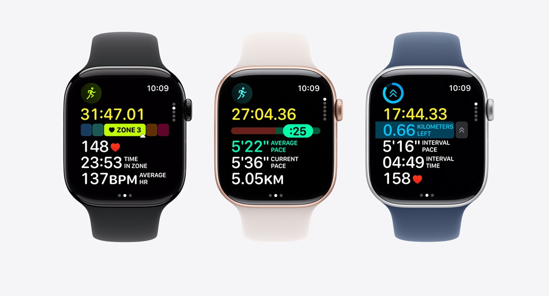 Three Apple?Watch?Series?10. The first shows Heart Rate Zones in a workout, the second shows Pacer, and the third shows a custom workout with intervals.