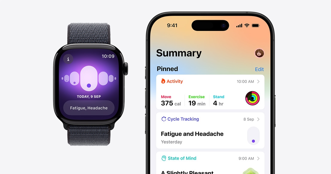 An Apple?Watch?Series?10 showing the Cycle Tracking app and an iPhone 16 Pro with the Health app showing Cycle Tracking information