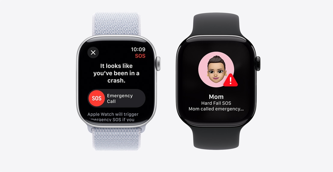 Two Apple?Watch?Series?10. The first shows a Crash Detection notification screen with an Emergency Call button. The second shows a notification screen indicating that "Mom" took a hard fall and has called emergency services.