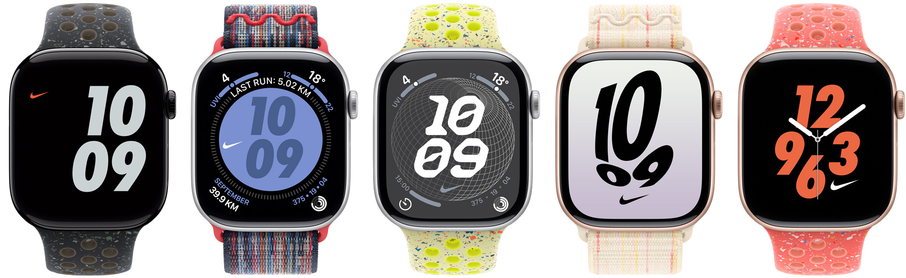 五款配上 Nike 運(yùn)動(dòng)錶帶及 Nike 運(yùn)動(dòng)手環(huán)的 Apple Watch 裝置，展示不同顏色的 Nike 錶面