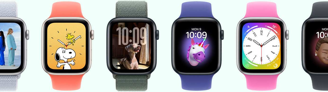 多隻 Apple Watch，各顯示不同錶面選項(xiàng)
