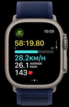 Apple Watch Ultra 2 顯示某人踩單車的速度。