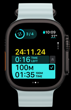 Apple Watch Ultra 2 顯示自訂體能訓(xùn)練中的間歇訓(xùn)練計(jì)時(shí)。