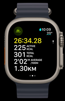 Apple Watch Ultra 2 顯示開放水域游泳的時(shí)間、卡路里及配速指標(biāo)。