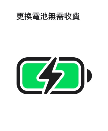 電池圖像的上方，寫著：「更換電池?zé)o需收費(fèi)」