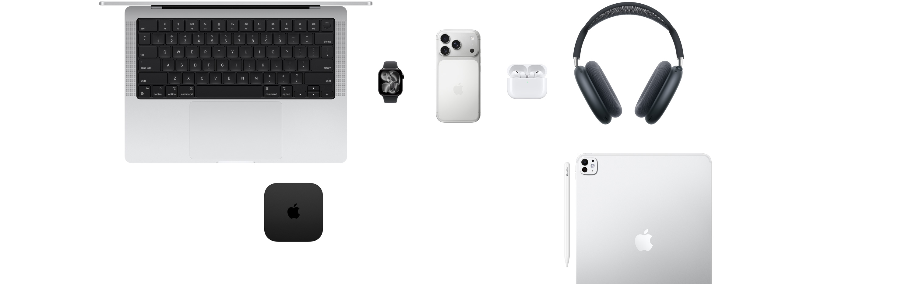 多款 Apple 產(chǎn)品展現(xiàn)眼前，包括 MacBook、Apple Watch Series 11、iPhone 17 Pro、AirPods Pro 3、AirPods Max、Apple TV、Apple Pencil Pro 和 iPad Pro
