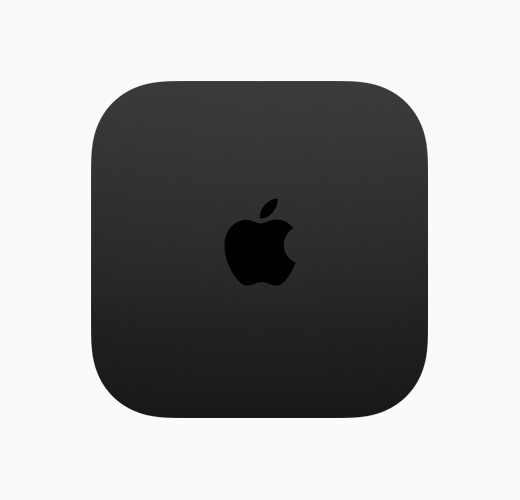 黑色 Apple TV 4K 機(jī)身俯視圖，呈現(xiàn)黑色光面 Apple TV 標(biāo)誌