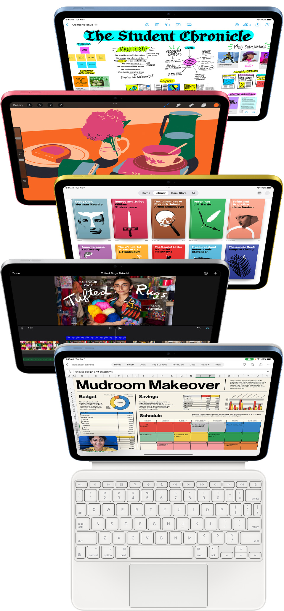 多部 iPad 的正面圖，螢?zāi)伙@示各式各樣的 app，包括 Freeform、Procreate、Apple Books、iMovie、Excel 和 Webex Meetings。