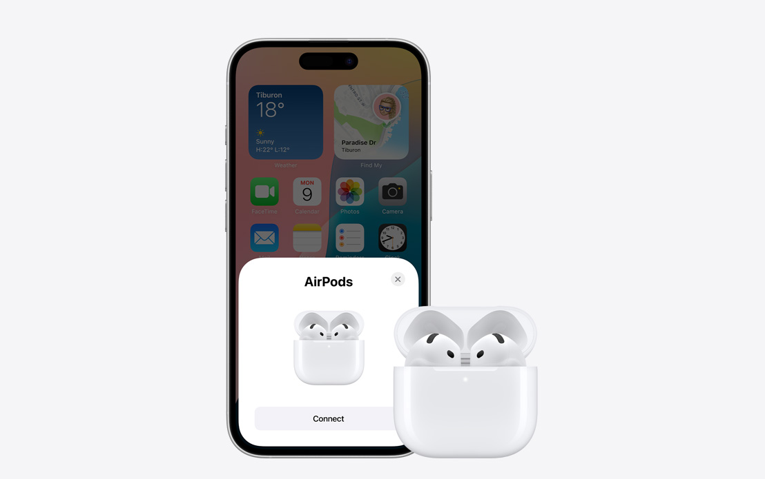 iPhone 在螢?zāi)簧巷@示已連接旁邊的 AirPods。