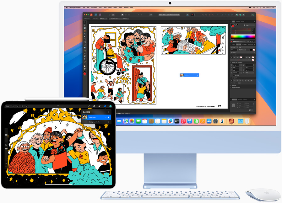 iPad 放在 iMac 旁邊，展示在兩個螢?zāi)恢g接續(xù)處理圖畫