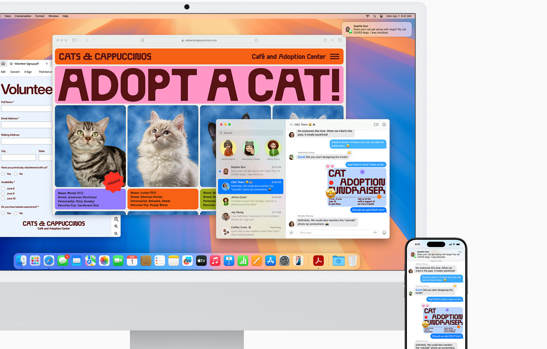 銀色 iMac 旁邊放有 iPhone，兩部裝置的螢?zāi)伙@示訊息 app 中出現(xiàn)相同的訊息，以及接聽來電的選項。