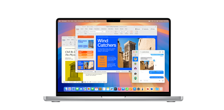 在 MacBook Pro M4 展示 Microsoft PowerPoint 和訊息等 app。