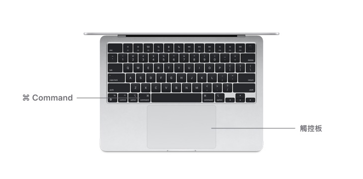 以桌上視角展示 MacBook Air M4 的 Command 鍵和觸控板。