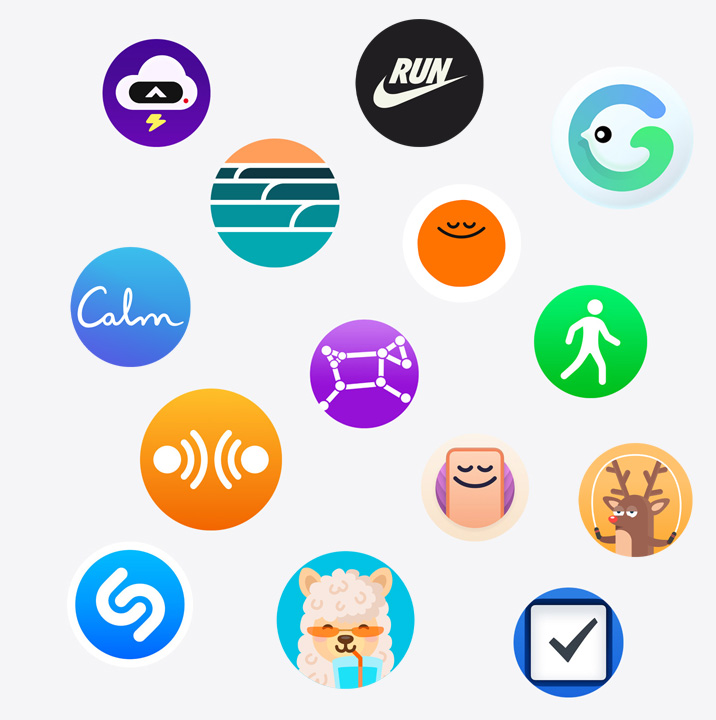 Apple Watch app 圖像，包括 Nike Run Club、Calm、Waterllama 等