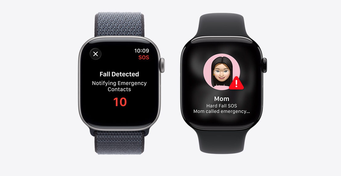 Apple Watch Series 11，螢?zāi)伙@示跌倒偵測通知，第二則通知顯示「Mom took a hard fall and has called emergency services」