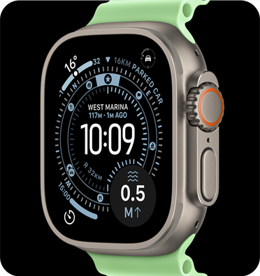 Apple Watch Ultra 3，原色鈦金屬錶殼，配搭霓虹綠色海洋錶帶，螢?zāi)伙@示定向運(yùn)動(dòng)錶面，複雜功能包括：天氣、泊車位置、計(jì)時(shí)器和水面距離；右側(cè)外觀、數(shù)碼錶冠、咪高風(fēng)和側(cè)邊按鈕