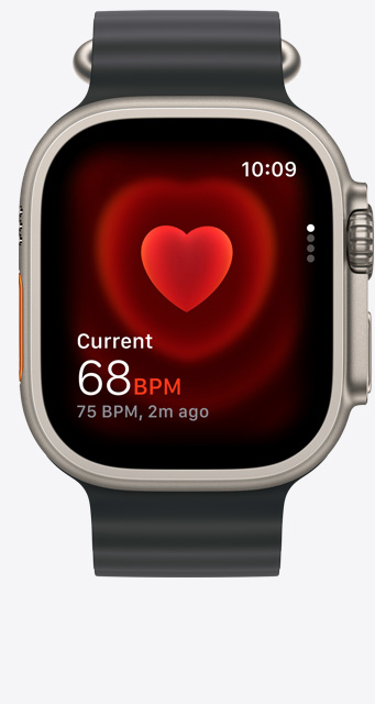 Apple Watch Ultra 2 的正面，心率 app 畫面顯示目前每分鐘心跳 68 下。