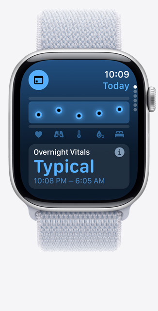 Apple Watch Series 10 的正面，維生指數(shù) app 畫面顯示夜間健康指標正常