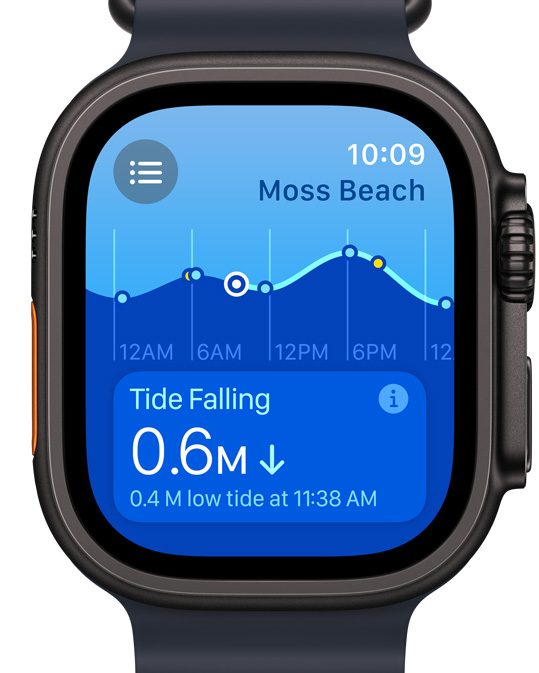 Apple Watch Ultra 螢?zāi)伙@示全新潮汐 app。