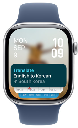 Apple Watch 螢?zāi)伙@示智慧型疊放中的翻譯 app 小工具。