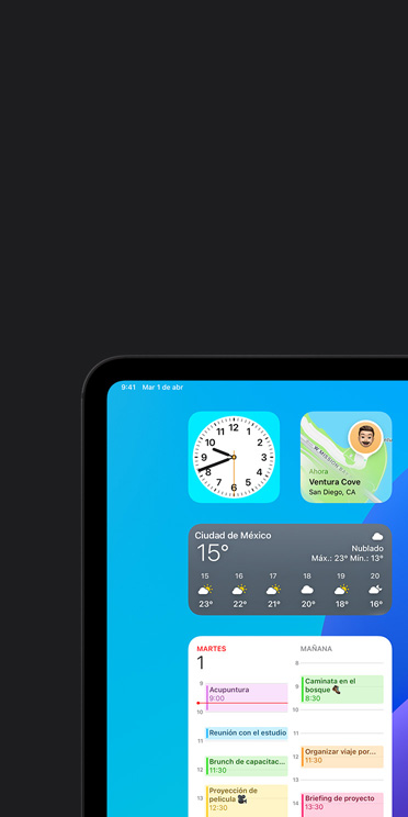 Funcionalidad VoiceOver en la pantalla de un iPad Pro que muestra el widget de la app Clima con la salida de audio: “Clima, Oakland, 68 grados”