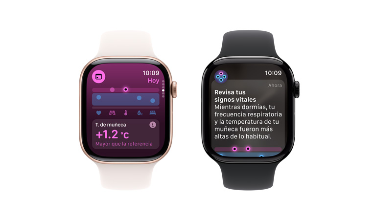 Apple Watch Series 10 con correa deportiva blanca, interfaz de usuario con un texto que dice Signos Vitales y Temperatura de la mu?eca, al lado se muestra otro Apple Watch Series 10 con correa deportiva negra, interfaz de usuario con un texto que dice Signos Vitales, Temperatura de la mu?eca, Frecuencia cardiaca y Análisis