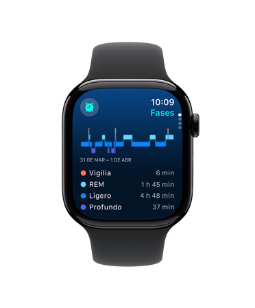 Vista frontal de un Apple Watch Series 10 con correa deportiva negra, interfaz de usuario con un texto que dice Sue?o, Fases del sue?o, Análisis y Tiempo de sue?o