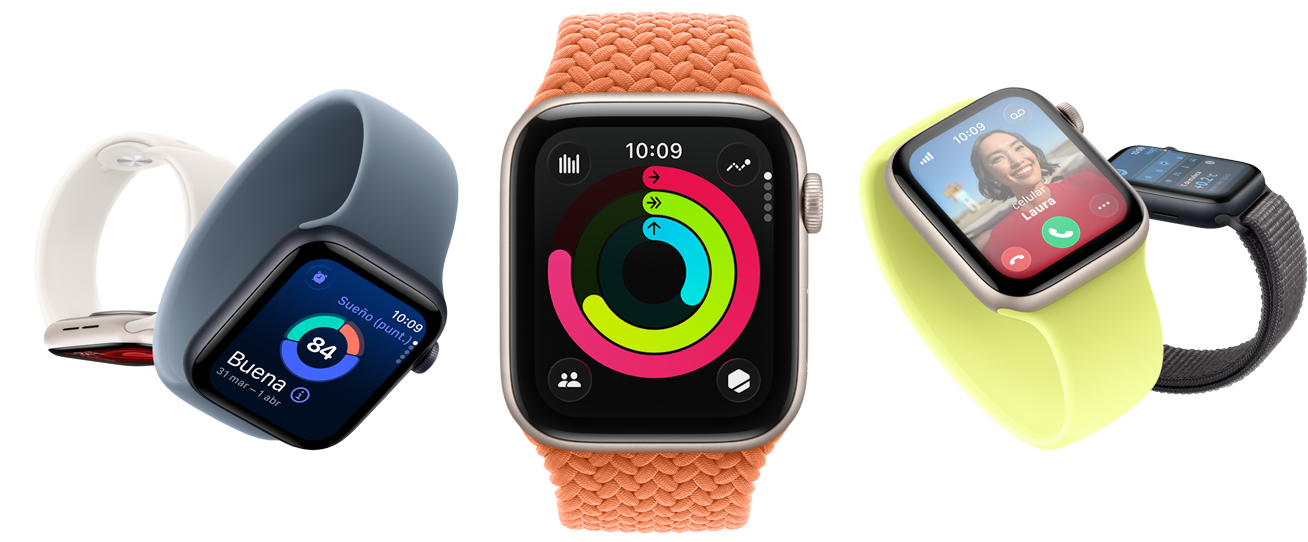 Cinco dispositivos Apple Watch SE 3. De izquierda a derecha: el primero de aluminio blanco estelar tiene la pantalla hacia abajo. El segundo de aluminio color medianoche está inclinado a 45 grados y la pantalla muestra la hora y la Puntuación de Sue?o. El tercero es un Apple Watch SE de aluminio blanco estelar en el centro de la foto con la pantalla hacia el frente que muestra la hora y otros datos dinámicos. El cuarto, de aluminio blanco estelar, está inclinado y muestra una llamada entrante con la foto de una persona que se llama Ashley sonriendo. El quinto es un Apple Watch SE de aluminio color medianoche que muestra la vista lateral de una carátula con la temperatura, la hora y otros datos dinámicos.