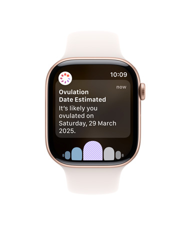 Apple Watch Series 10, white Sport Band, front, UI reads Ovulation, Cycle History