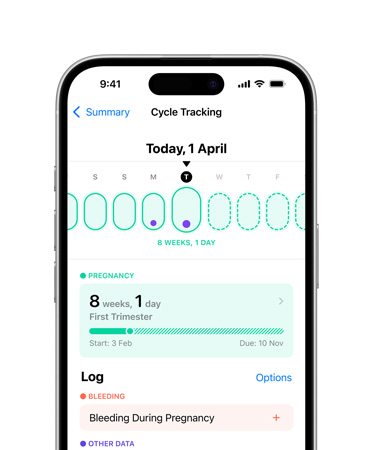 iPhone 16, front, UI reads Health, Cycle Tracking